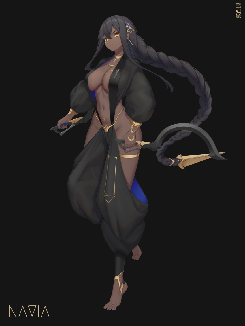 1girl absurdres bare_hips barefoot bikini black_hair black_jacket black_pants blue_nails braid breasts center_opening character_profile dagger dark-skinned_female dark_skin dual_wielding earrings egyptian french_braid gold gold_bikini hair_ornament harem_pants highres holding jacket jewelry knife large_breasts long_braid long_hair long_long_life long_sleeves looking_at_viewer navel no_panties orange_eyes original pants puffy_long_sleeves puffy_sleeves revealing_clothes sidelocks simple_background solo stomach swimsuit thighlet very_long_hair weapon