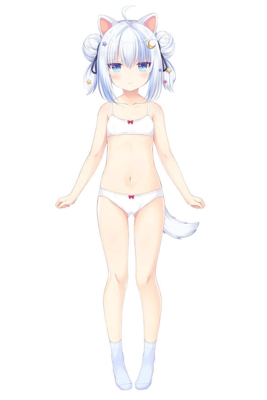 1girl :3 ahoge animal_ears ass_visible_through_thighs bare_arms bare_shoulders black_ribbon blue_eyes blue_hair blue_socks blush bow bow_bra bow_panties bra breasts closed_mouth collarbone commentary_request crescent crescent_hair_ornament double_bun full_body hair_between_eyes hair_bun hair_ornament hair_ribbon highres looking_at_viewer multicolored_hair navel no_shoes original panties ribbon sakuraba_hikaru_(loveindog) simple_background small_breasts socks solo standing star_(symbol) star_hair_ornament streaked_hair tail two_side_up underwear underwear_only white_background white_bra white_panties
