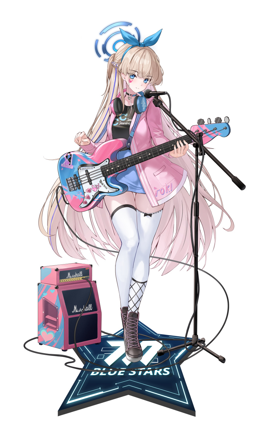 1girl absurdres amplifier black_choker black_footwear black_shirt blonde_hair blue_archive blue_eyes blue_hair blue_halo blue_skirt blush boots braid breasts choker closed_mouth electric_guitar fender_stratocaster guitar halo headphones highres holding holding_instrument instrument long_hair microphone microphone_stand multicolored_hair shirt skirt small_breasts smile solo ssong2 streaked_hair thighhighs toki_(blue_archive) transparent_background white_thighhighs