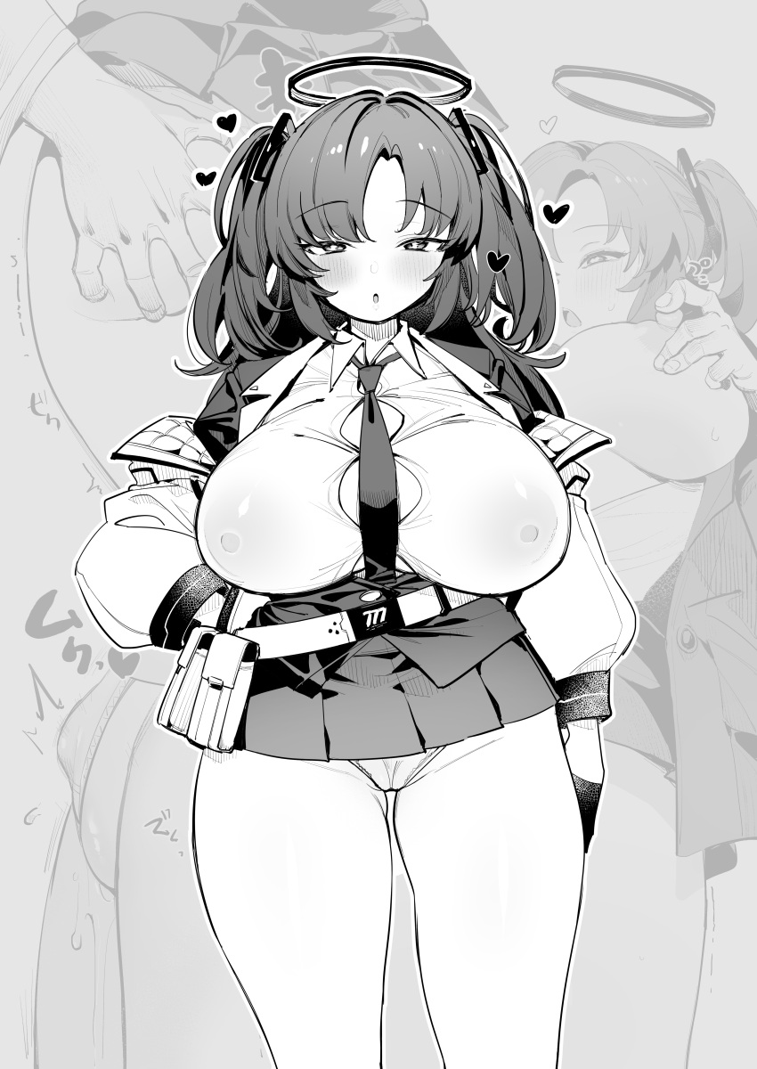 1girl 1other absurdres ass blue_archive blush breasts covered_nipples djheycha gloves greyscale halo heart highres large_breasts long_hair looking_at_viewer mechanical_halo monochrome multiple_views nipple_stimulation nipples open_clothes open_mouth panties parted_lips pleated_skirt shirt skirt suit thighs two_side_up underwear yuuka_(blue_archive)