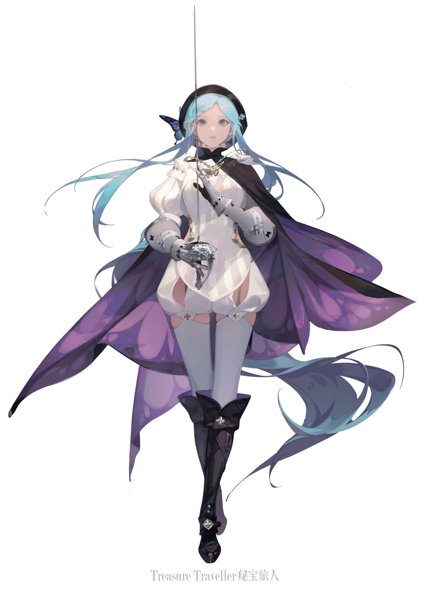 1girl absurdres aqua_eyes aqua_hair armored_gloves black_footwear black_headwear boots breasts bug butterfly butterfly_hat_ornament cangqiong cape chinese_commentary chinese_text dlgeria dress english_text full_body gloves hand_up hat hat_ornament highres holding holding_sword holding_weapon long_hair long_sleeves looking_at_viewer medium_breasts parted_bangs parted_lips puffy_short_sleeves puffy_sleeves purple_cape short_sleeves simple_background solo standing straight-on sword synthesizer_v tachi-e thighhighs thighs weapon white_background white_dress white_thighhighs