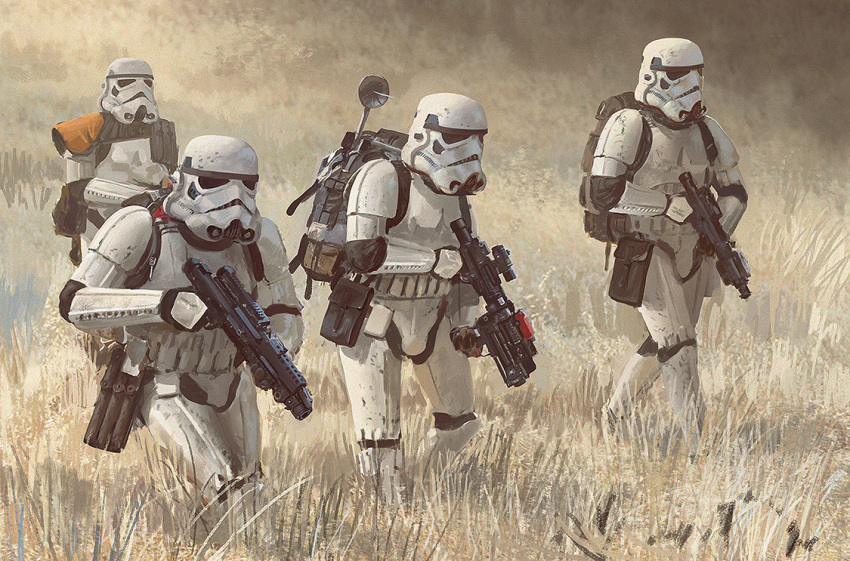 4boys backpack bag edouard_groult energy_gun english_commentary galactic_empire grass gun holding holding_gun holding_weapon male_focus multiple_boys satellite_dish star_wars stormtrooper tall_grass walking weapon