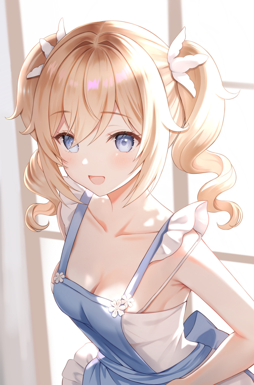 1girl alternate_costume apron armpit_peek barbara_(genshin_impact) bare_shoulders blonde_hair blue_apron blue_eyes breasts camisole cleavage collarbone genshin_impact hair_between_eyes hair_ornament highres looking_at_viewer medium_breasts nasii solo twintails wavy_hair white_camisole