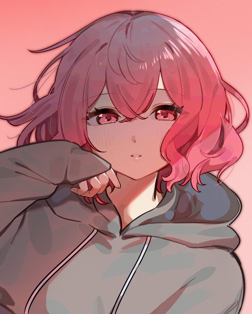 1girl absurdres blush grey_hoodie highres hood hoodie indie_utaite long_sleeves nqrse nyannyan_321 pink_background pink_eyes pink_hair short_hair solo