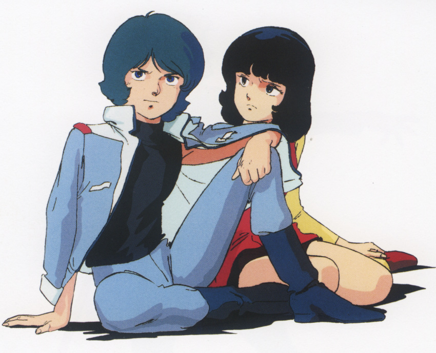 1boy 1girl fa_yuiry gundam kamille_bidan kitazume_hiroyuki official_art short_hair traditional_media white_background zeta_gundam