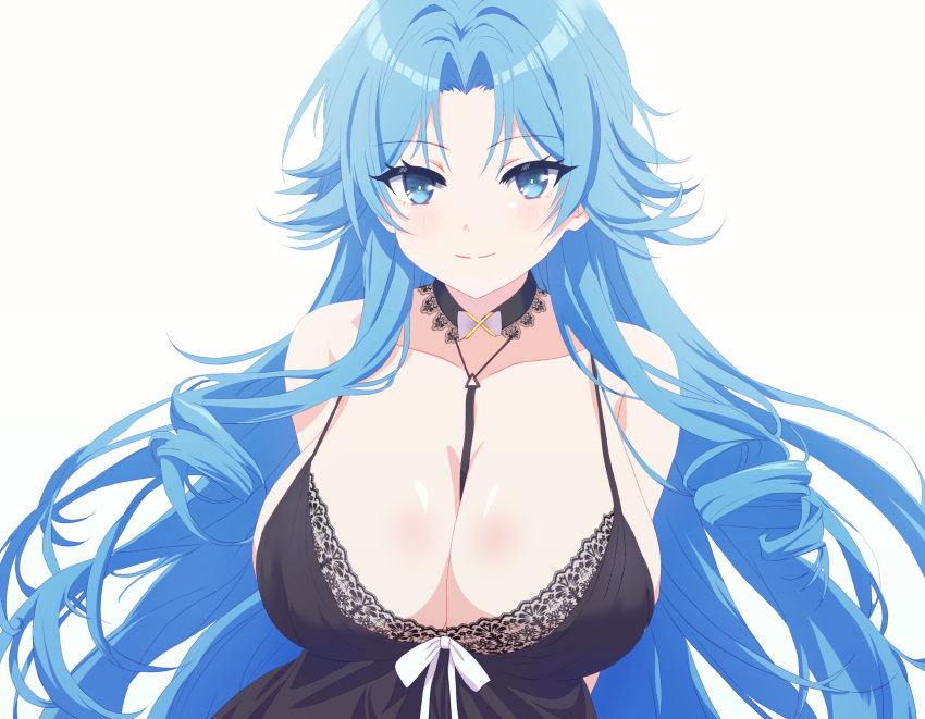 1girl arbiter1 arms_behind_back azur_lane babydoll between_breasts black_babydoll black_camisole black_nightgown blue_eyes blue_hair breasts camisole cleavage highres lace-trimmed_collar lace_trim large_breasts long_hair nightgown official_alternate_costume parted_bangs sleepwear smile sovetskaya_belorussiya_(azur_lane) sovetskaya_belorussiya_(relaxation_stratagem)_(azur_lane) upper_body white_background
