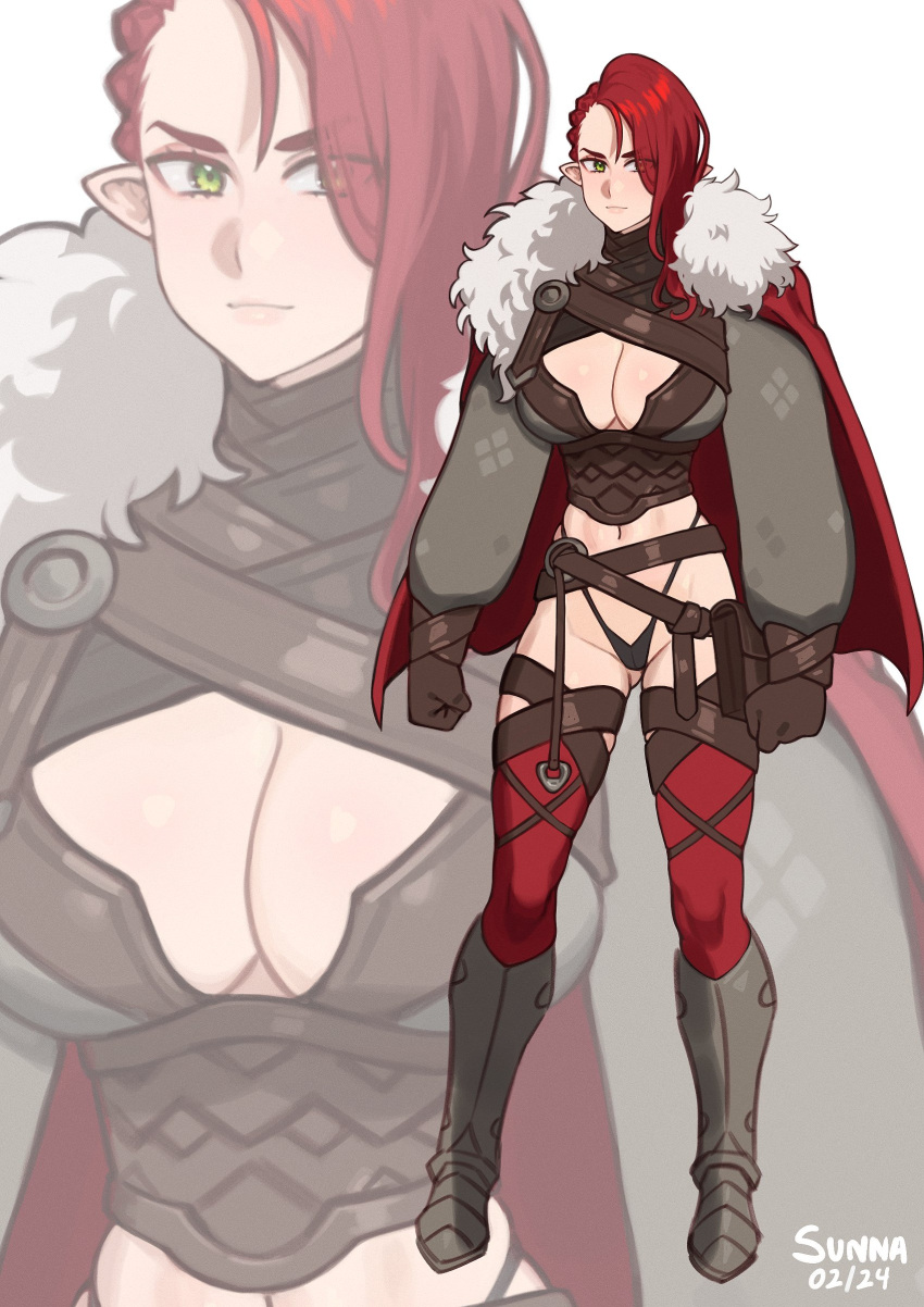 1girl absurdres armor artist_name ass_visible_through_thighs asymmetrical_hair black_panties braid breasts brown_gloves cape cleavage cleavage_cutout clothing_cutout dated eyes_visible_through_hair full_body fur-trimmed_cape fur_trim gloves greaves green_eyes highleg highleg_panties highres large_breasts long_hair long_sleeves looking_at_viewer navel original panties pointy_ears pouch puffy_long_sleeves puffy_sleeves red_cape red_hair red_thighhighs simple_background solo sunna_(nilsunna) thighhighs underwear zoom_layer