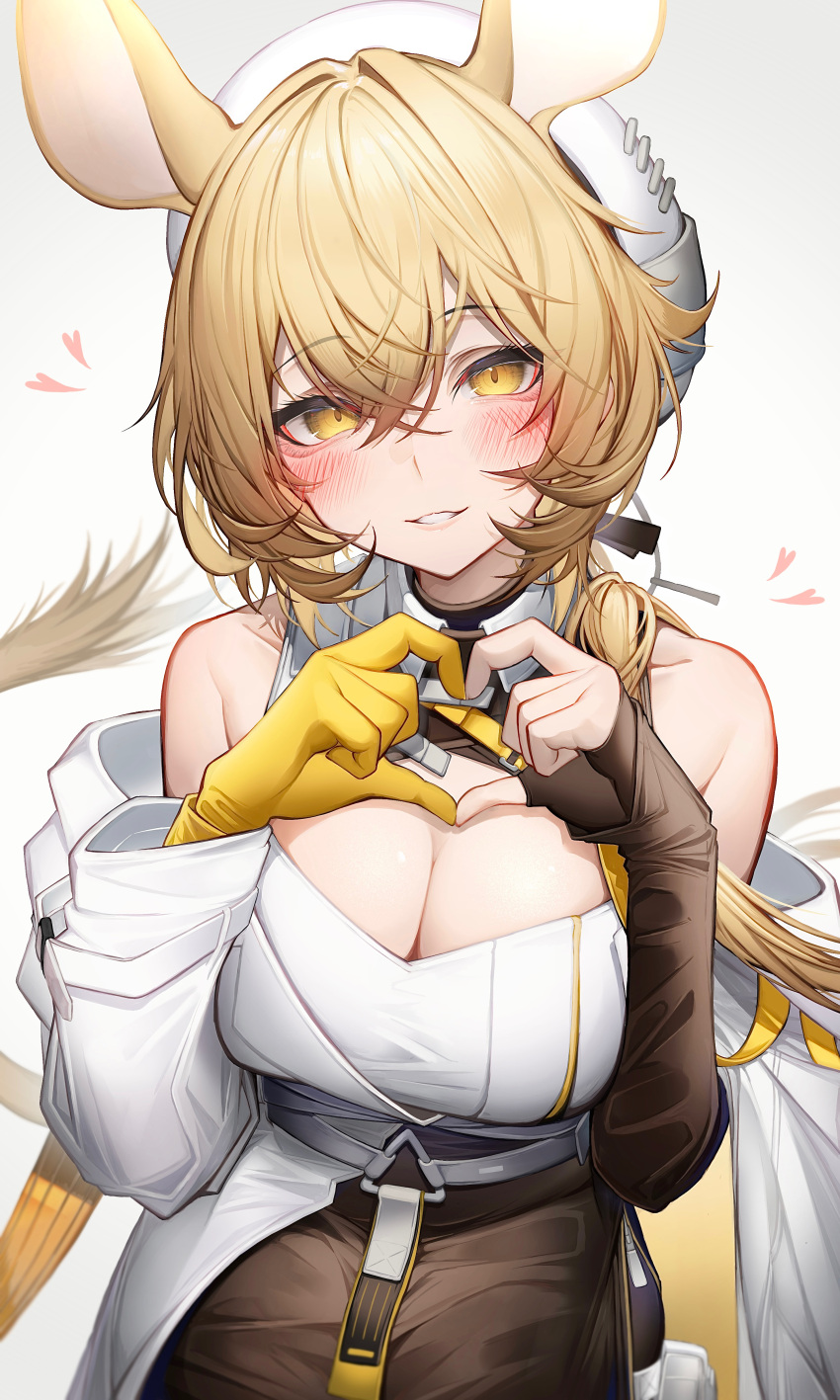 1girl absurdres animal_ears arknights asymmetrical_sleeves bare_shoulders black_gloves blonde_hair blush breasts brown_skirt cleavage cleavage_cutout clothing_cutout coat commentary_request crossed_bangs detached_sleeves dorothy_(arknights) fingerless_gloves gloves hair_between_eyes heart heart_hands highres large_breasts long_hair looking_at_viewer low_ponytail mismatched_sleeves mouse_ears mouse_girl mouse_tail simple_background single_fingerless_glove skirt smile solo tab_head tail white_background white_coat white_headwear yellow_eyes yellow_gloves