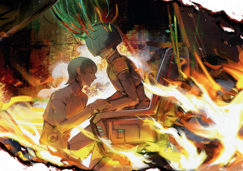 1boy 1girl absurdres bodysuit burning closed_eyes digital_devil_saga digital_dissolve facing_another fire from_side full_body grey_hair helmet highres holding_hands kexiu kneeling sera_(dds) serph short_hair sitting wire