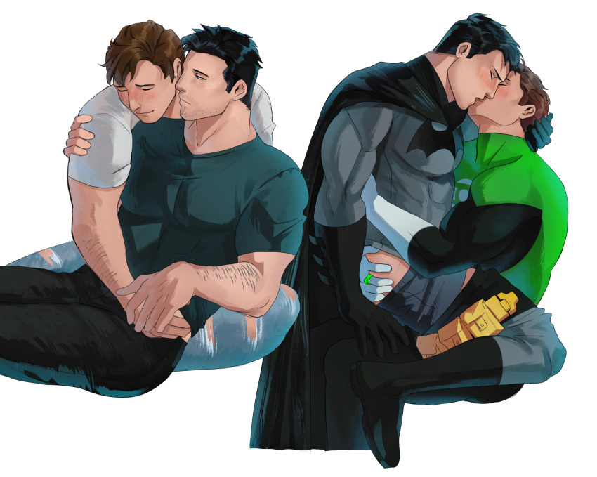 2boys absurdres ass bara batman batman_(series) black_bodysuit black_cape black_gloves black_hair black_male_underwear black_pants black_shirt blue_pants blush bodysuit boots brown_hair bruce_wayne cape closed_eyes couple dc_comics facial_hair gloves green_bodysuit green_lantern green_lantern_(series) grey_bodysuit hal_jordan haljordanmylove highres jewelry kiss large_pectorals looking_at_another male_focus male_underwear male_underwear_pull multiple_boys muscular muscular_male pants pectorals ring shirt short_hair simple_background two-tone_bodysuit underwear white_background white_gloves white_shirt yaoi