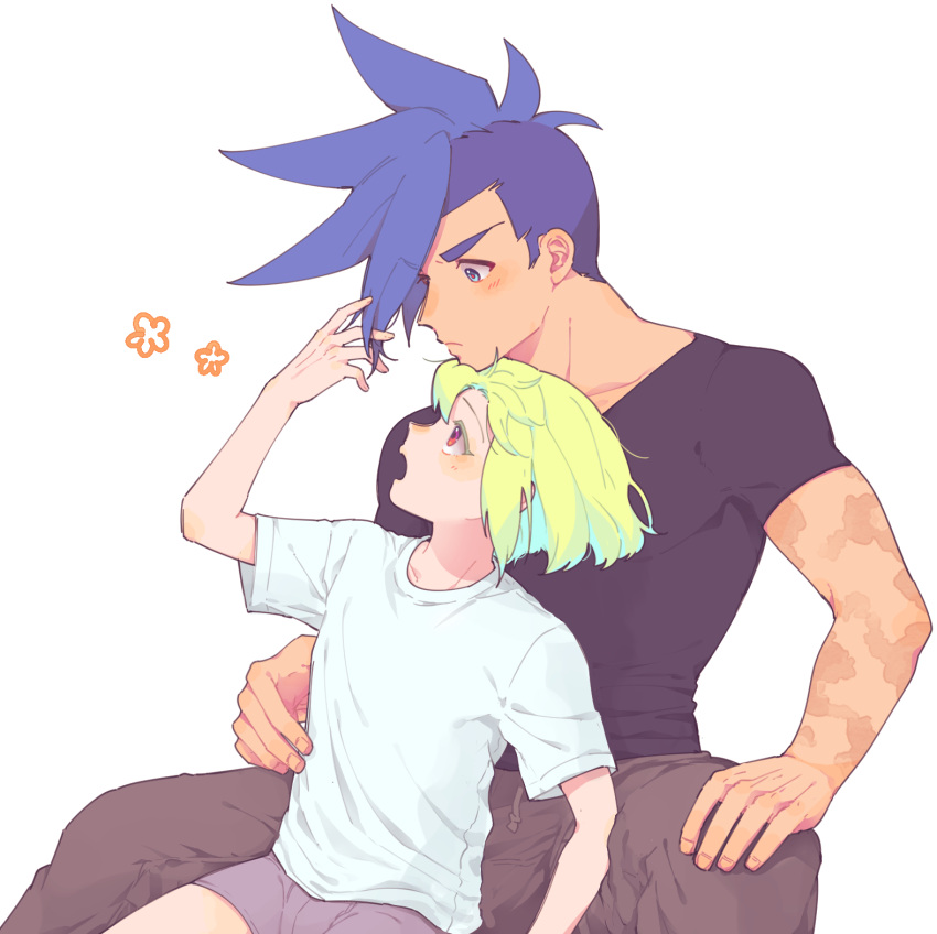 2boys androgynous arm_up black_shirt blue_eyes blue_hair blush commentary cropped_legs expressionless flower_(symbol) galo_thymos green_hair hand_on_own_knee head_rest highres kome_1022 lio_fotia looking_at_another looking_down looking_up male_focus mohawk multiple_boys open_mouth pink_eyes playing_with_another's_hair promare scar scar_on_arm shirt short_hair sidelocks simple_background sitting spiked_hair t-shirt upper_body white_background white_shirt