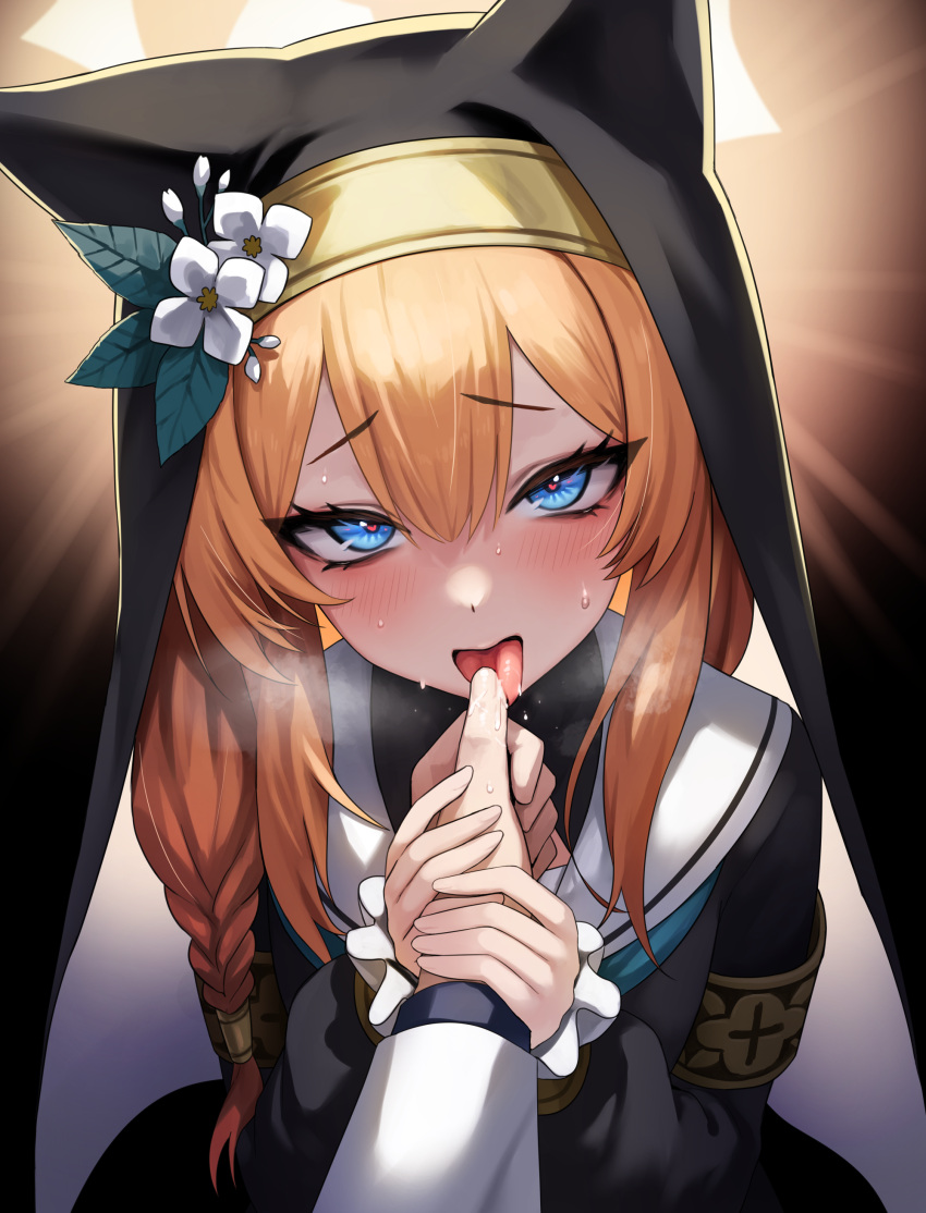 1girl 1other absurdres animal_ear_headwear black_headwear blondy_(ldlong) blue_archive blue_eyes blush coif flower habit hair_between_eyes halo hat hat_flower highres long_hair long_sleeves looking_at_viewer mari_(blue_archive) nun open_mouth orange_hair solo_focus tongue tongue_out white_flower yellow_halo