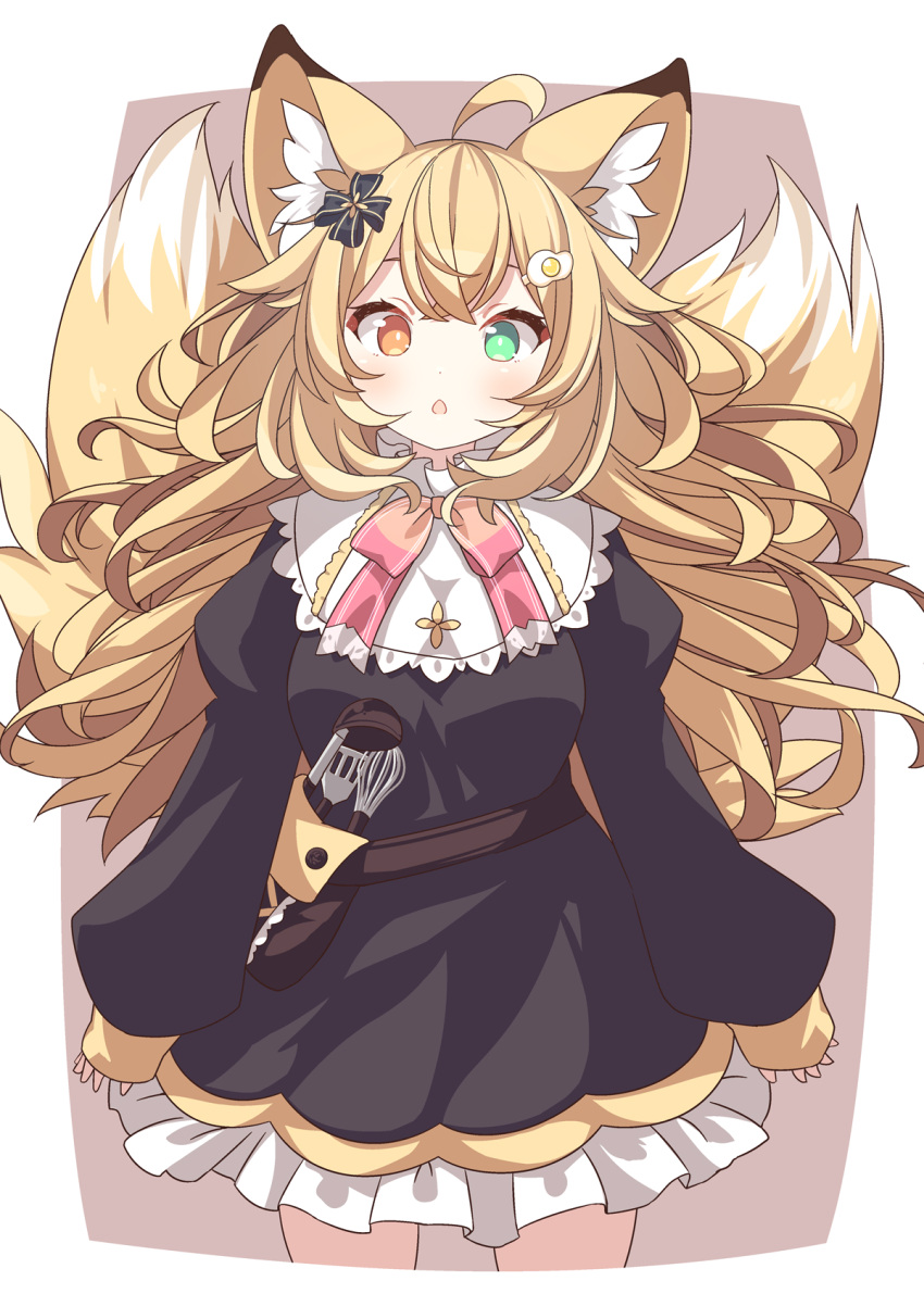 1girl ahoge animal_ear_fluff animal_ears black_dress blonde_hair breasts brown_background brown_eyes commission daidai_ookami dress egg_hair_ornament food-themed_hair_ornament fox_ears fox_girl fox_tail frilled_dress frills green_eyes hair_between_eyes hair_ornament heterochromia highres kitsune long_hair long_sleeves looking_at_viewer medium_breasts original puffy_long_sleeves puffy_sleeves skeb_commission sleeves_past_wrists solo standing tail two-tone_background very_long_hair white_background