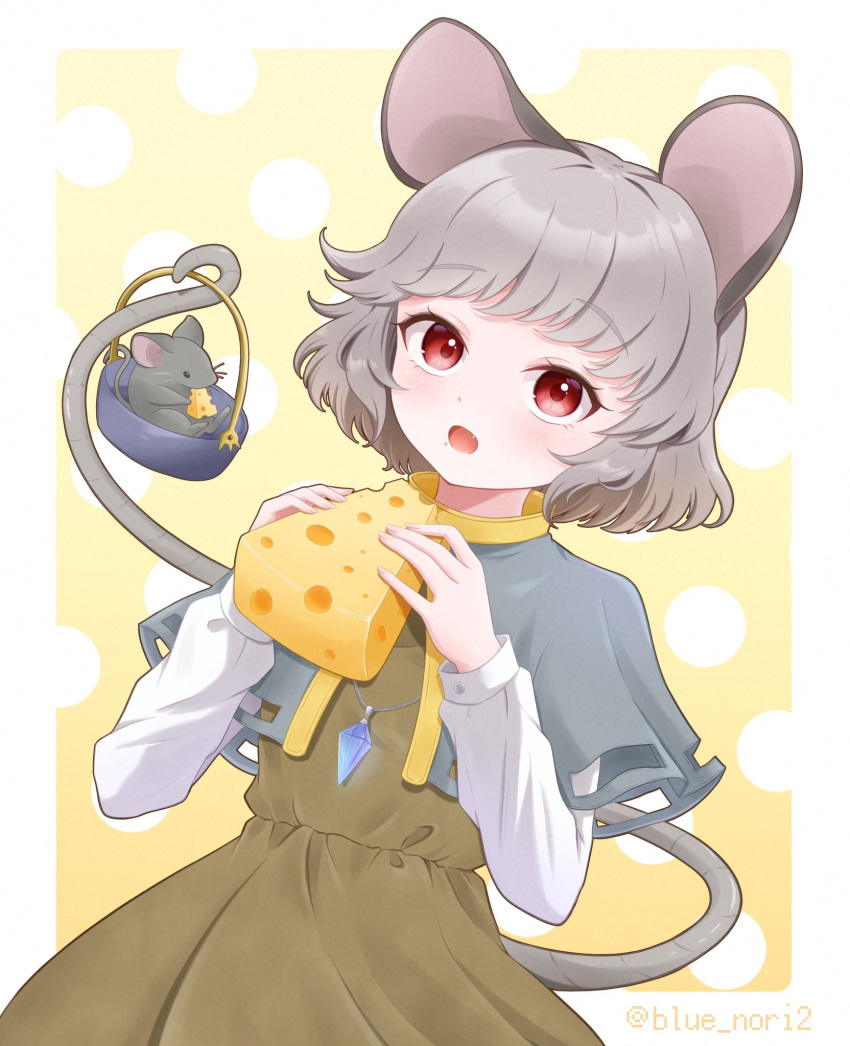 1girl artist_name blue_nori2 brown_dress capelet cheese dress food grey_capelet grey_hair highres looking_at_viewer mouse mouse_girl mouse_tail nazrin open_mouth polka_dot polka_dot_background red_eyes short_hair solo swiss_cheese tail touhou yellow_background