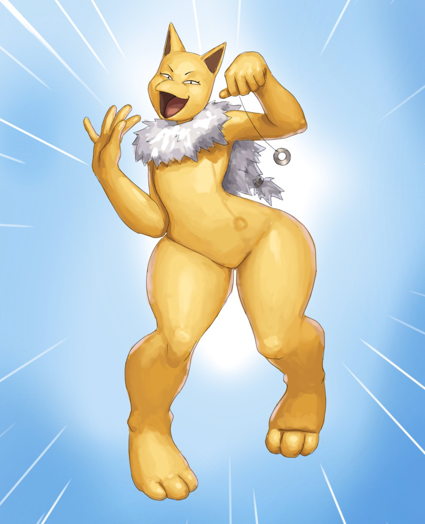 2024 3_toes 5_fingers anthro biped featureless_chest featureless_crotch feet female fingers fur generation_1_pokemon hi_res holding_object hypno_(pokemon) looking_at_viewer neck_tuft nintendo open_mouth open_smile pendulum pokemon pokemon_(species) redustheriotact simple_background smile solo thick_thighs toes tuft wide_hips yellow_body yellow_fur