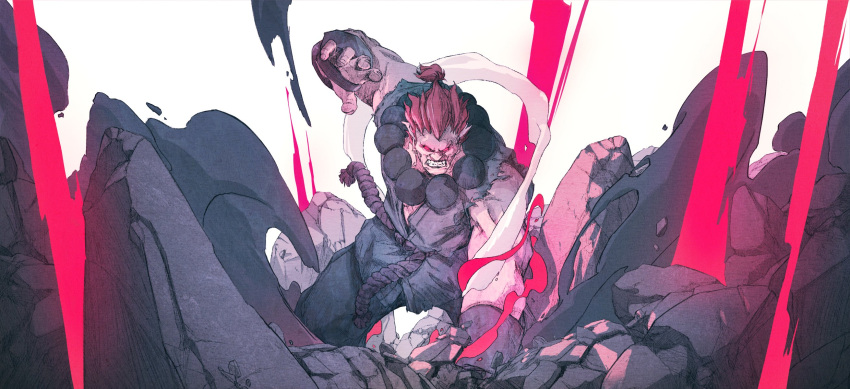 1boy akuma_(street_fighter) arm_up bead_necklace beads black_pants black_shirt chun_lo clenched_teeth dougi dust highres japanese_clothes jewelry male_focus muscular muscular_male necklace pants ponytail red_eyes red_hair rope_belt rubble shirt sleeveless solid_eyes solo street_fighter teeth torn_clothes white_background