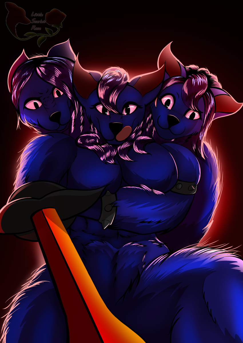 3_heads absurd_res anthro breasts canid canid_demon canine canis cerberus demon digital_drawing_(artwork) digital_media_(artwork) european_mythology female fur greek_mythology hair hellhound hi_res holding_object holding_sword holding_weapon little_scarlet_rose looking_at_viewer mammal melee_weapon multi_head mythological_canine mythological_creature mythology nude simple_background smile solo standing step step_pose stepped_on stepping sword tail tongue tongue_out weapon