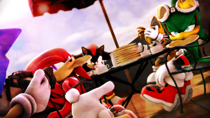 3d_(artwork) avian bird boots camera canine clothing digital_media_(artwork) echidna eyewear feathers food footwear fox fur goggles hawk hedgehog jet_the_hawk knuckles_the_echidna mammal miles_prower monotreme pancake shadow_the_hedgehog sonic_(series) sonic_riders sonic_the_hedgehog source_filmmaker