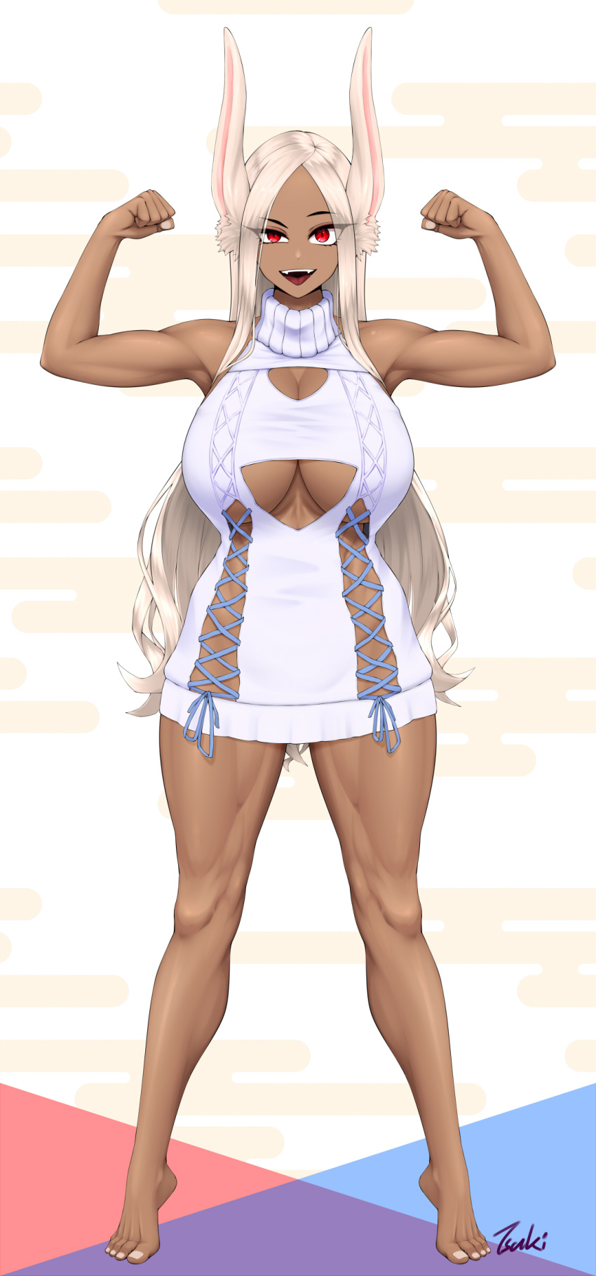 1girl :d absurdres animal_ears arms_up bare_arms bare_legs bare_shoulders barefoot boku_no_hero_academia breasts cleavage cleavage_cutout clenched_hands clothing_cutout criss-cross_strings dark-skinned_female dark_skin dress feet flexing full_body highres large_breasts legs long_eyelashes long_hair looking_at_viewer meme_attire mirko open_mouth parted_bangs rabbit_ears rabbit_girl raised_eyebrow red_eyes ryu_seung sleeveless sleeveless_turtleneck smile solo straight-on sweater sweater_dress teeth thighs tiptoes toenails toned turtleneck turtleneck_sweater underboob_cutout uneven_eyes upper_teeth_only very_long_hair virgin_killer_sweater white_hair white_sweater