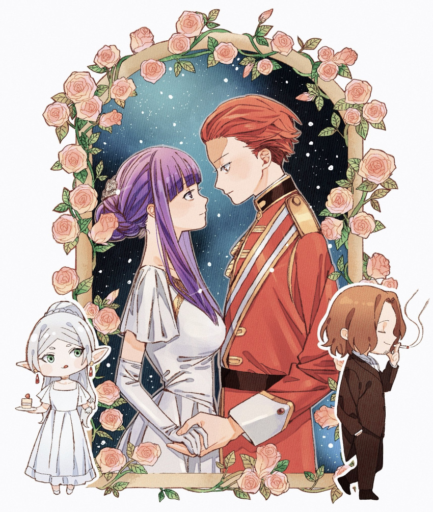 cigarette dress fern_(sousou_no_frieren) flower frieren highres holding holding_cigarette holding_hands looking_at_another military_uniform ojizou purple_eyes purple_hair red_hair scar sein_(sousou_no_frieren) sousou_no_frieren stark_(sousou_no_frieren) uniform white_background white_dress white_hair