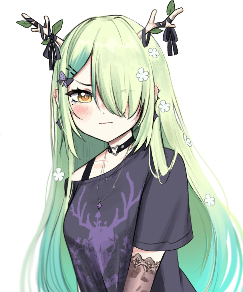 1girl absurdres antlers black_choker black_gloves black_shirt black_sleeves blush ceres_fauna ceres_fauna_(4th_costume) choker daemo72 detached_sleeves elbow_gloves flower gloves grey_hair hair_flower hair_ornament hair_over_one_eye heart heart_choker highres hololive hololive_english horns long_hair looking_at_viewer mole mole_under_eye official_alternate_costume see-through see-through_sleeves shirt solo very_long_hair virtual_youtuber yellow_eyes
