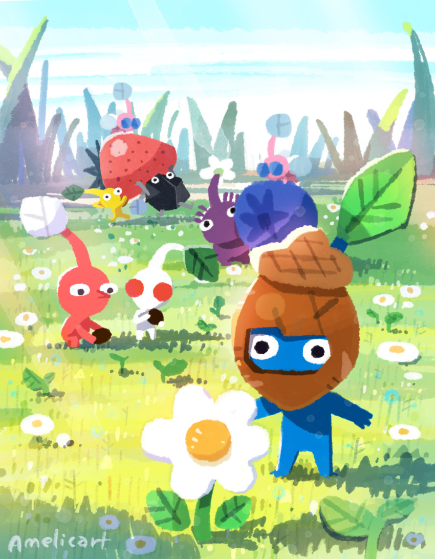 acorn amelicart artist_name black_eyes black_skin blue_eyes blue_pikmin blue_skin blue_sky blueberry brown_headwear bud carrying cloud colored_skin commentary_request covered_mouth day field flower flower_field flying food fruit grass hat highres holding insect_wings leaf looking_at_object no_humans no_mouth oversized_food oversized_object pikmin_(creature) pikmin_(series) pikmin_bloom pink_skin pointy_ears pointy_nose purple_hair purple_pikmin purple_skin red_eyes red_pikmin red_skin rock rock_pikmin short_hair sky solid_circle_eyes squatting strawberry very_short_hair white_flower white_pikmin white_skin winged_pikmin wings yellow_pikmin yellow_skin