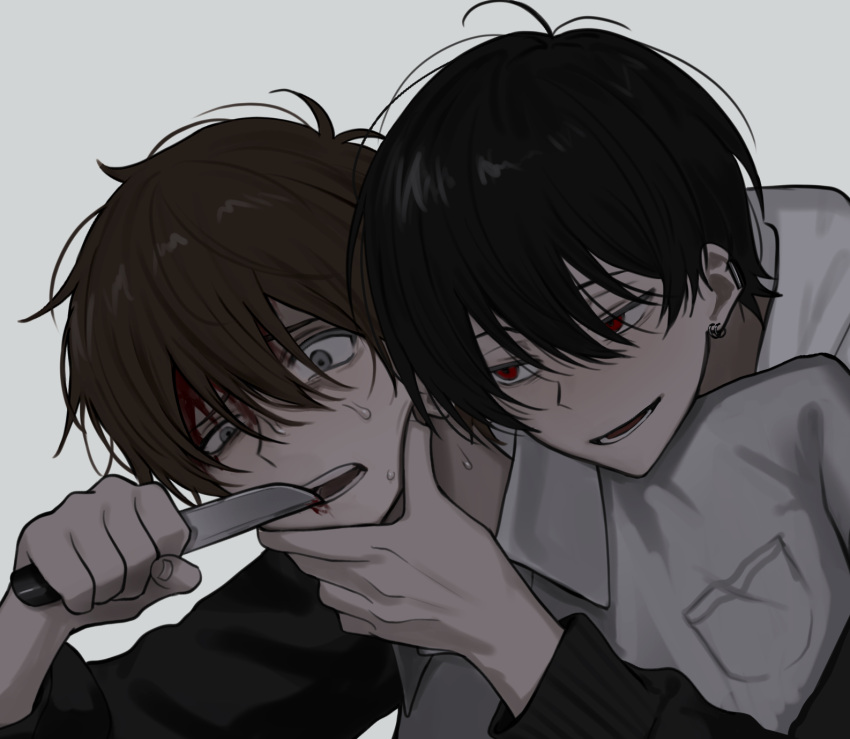 2boys akanei6no_sora black_hair blood brown_hair collared_shirt ear_piercing grey_background hair_between_eyes hand_on_another's_chin highres holding holding_knife knife long_sleeves male_focus multiple_boys open_mouth original piercing shirt simple_background sweat upper_body white_shirt