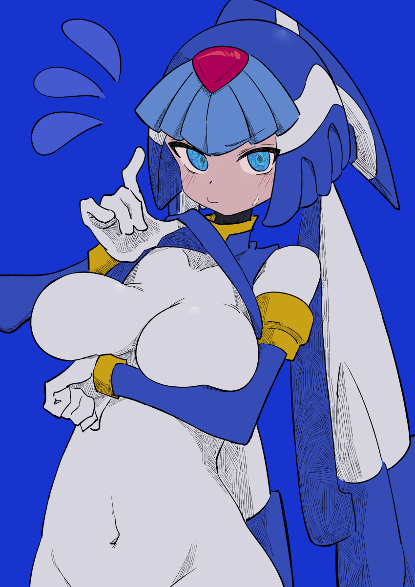 1girl absurdres android blue_eyes blush bodysuit breasts buzzlyears clothes_lift covered_navel crop_top fairy_leviathan_(mega_man) forehead_jewel helmet highres large_breasts looking_at_viewer mega_man_(series) mega_man_zero_(series) shirt_lift solo white_bodysuit
