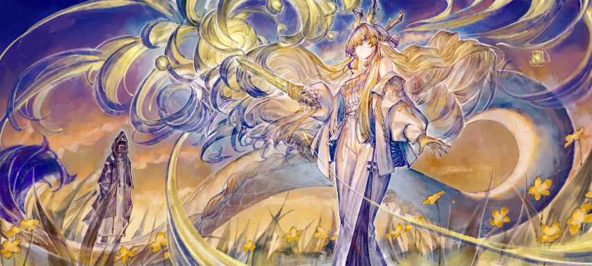 1girl 1other absurdly_long_hair absurdres arknights bare_shoulders beads black_coat blonde_hair chinese_commentary closed_mouth coat colored_skin commentary_request doctor_(arknights) dragon_girl dragon_horns dragon_tail earrings fantasy floating_hair flower from_below grey_hair grey_tail hair_between_eyes hands_in_pockets highres holding holding_sword holding_weapon hood hood_up hooded_coat horns jacket jewelry light_smile long_hair long_sleeves looking_at_viewer magic multicolored_hair necklace off_shoulder open_clothes open_coat open_jacket outdoors pants plant pointy_ears puffy_long_sleeves puffy_sleeves purple_hair purple_horns purple_tail realpha shu_(arknights) standing strapless sword tail tube_top very_long_hair weapon white_jacket white_pants white_tube_top yellow_flower yellow_horns