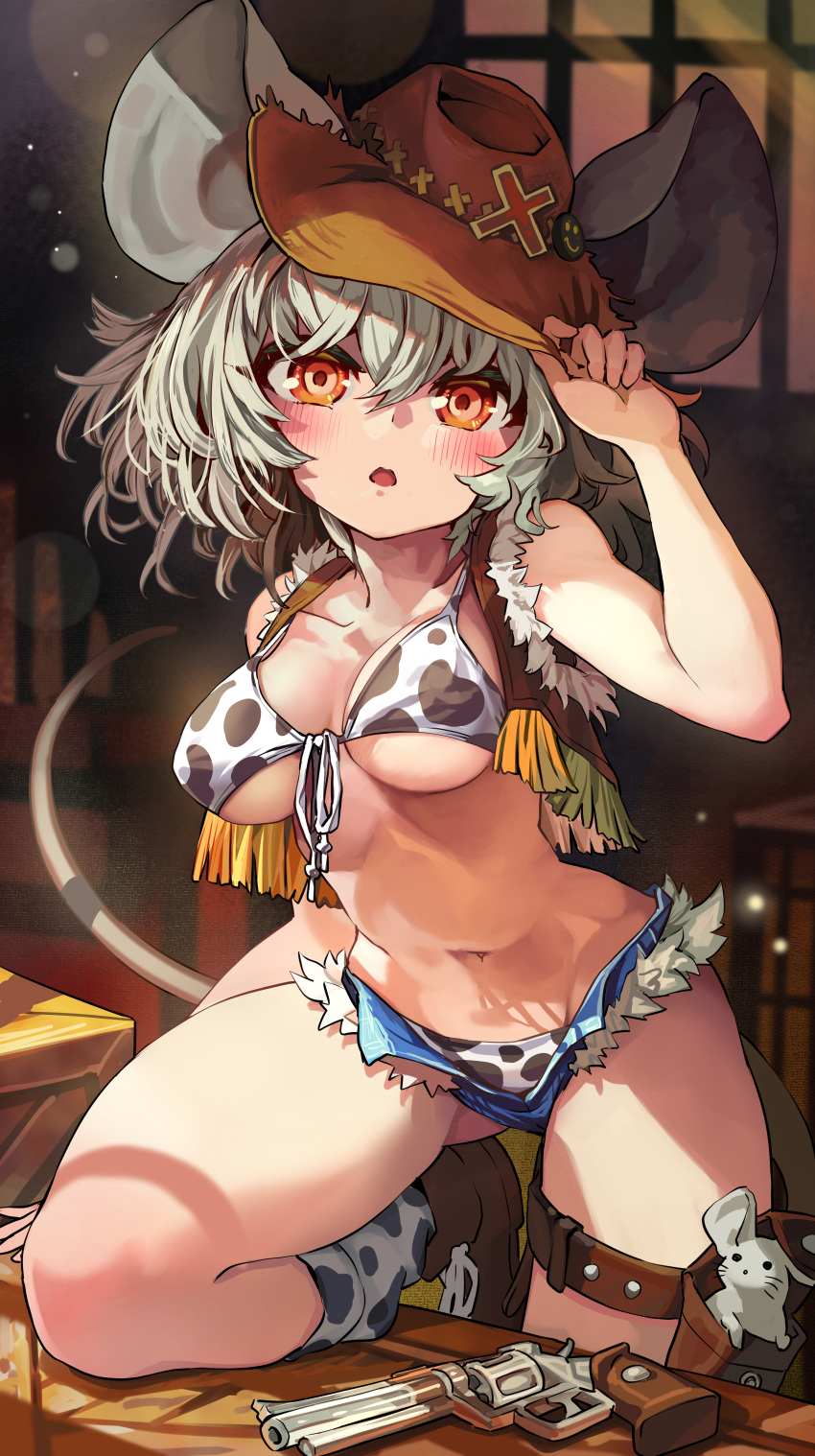 1girl absurdres alternate_costume animal animal_ears animal_print bikini breasts brown_headwear collarbone cow_print cowboy_hat grey_hair gun hat highres medium_breasts melaton mouse mouse_ears mouse_tail navel nazrin red_eyes short_hair socks solo swimsuit tail touhou weapon white_bikini white_socks