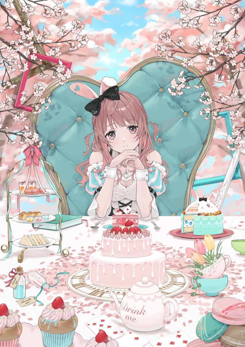1girl absurdres alice_in_wonderland black_bow bow breasts cake card cleavage cupcake detached_sleeves flower food hair_bow highres long_hair looking_at_viewer macaron nail_polish original own_hands_together parted_lips pink_eyes pink_hair pink_nails playing_card pommm_pomemen04 sandwich sitting sleeveless spring_(season) striped_sleeves teapot