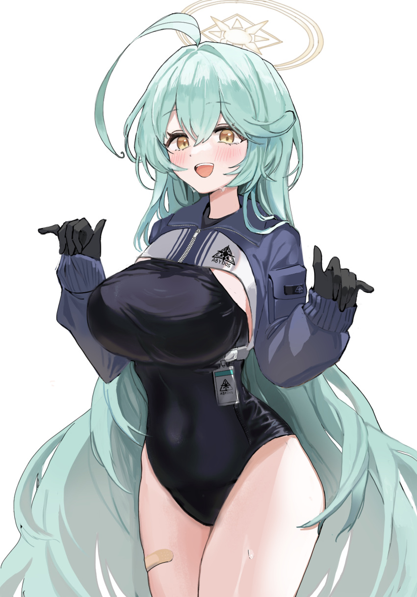 1girl absurdres ahoge black_gloves black_one-piece_swimsuit blue_archive blush breasts cowboy_shot cropped_jacket g1_(user_tjwy5444) gloves green_hair hair_between_eyes halo highres huge_ahoge large_breasts long_hair long_sleeves one-piece_swimsuit open_mouth simple_background solo swimsuit swimsuit_under_clothes white_background yellow_eyes yellow_halo yume_(blue_archive)