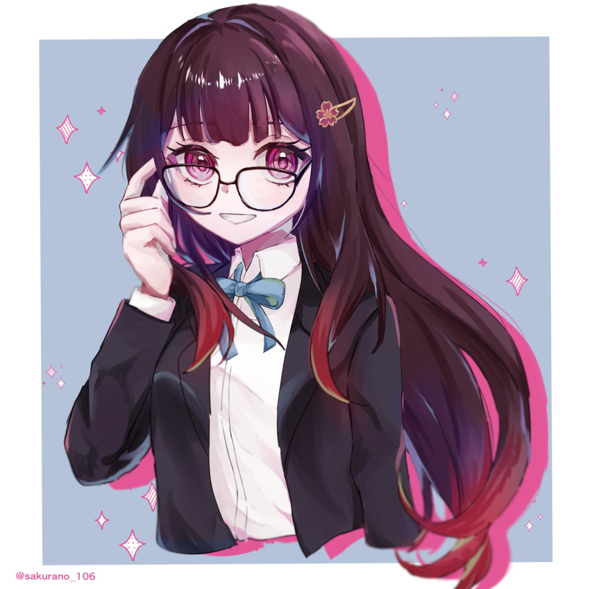 1girl :d adjusting_eyewear black_jacket blazer blue_background blue_ribbon border brown_hair collared_shirt cropped_torso glasses gradient_hair grin hair_ornament hairclip hand_on_eyewear highres honkai:_star_rail honkai_(series) jacket long_hair looking_at_viewer multicolored_hair neck_ribbon open_clothes open_jacket open_mouth outline outside_border pink_eyes pink_outline red_hair ribbon sakurano_106 school_uniform shirt simple_background smile solo sparkle_(honkai:_star_rail) straight_hair teeth twitter_username white_border white_shirt