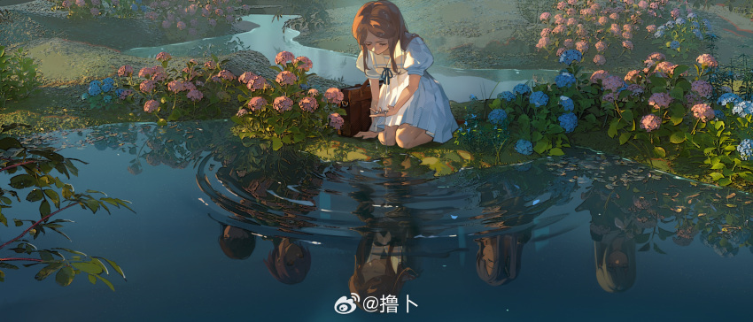 1girl bag bang_dream! bang_dream!_it's_mygo!!!!! bare_arms bare_legs blue_flower brown_hair chinese_commentary closed_eyes day dress flower grass highres hydrangea long_hair nagasaki_soyo outdoors parted_bangs petals petals_on_liquid pink_flower plant puffy_short_sleeves puffy_sleeves reflection reflective_water ripples sailor_dress school_bag seiza short_sleeves sidelocks sitting solo stream sunlight toto_(caaaaarrot) water weibo_logo weibo_username white_dress