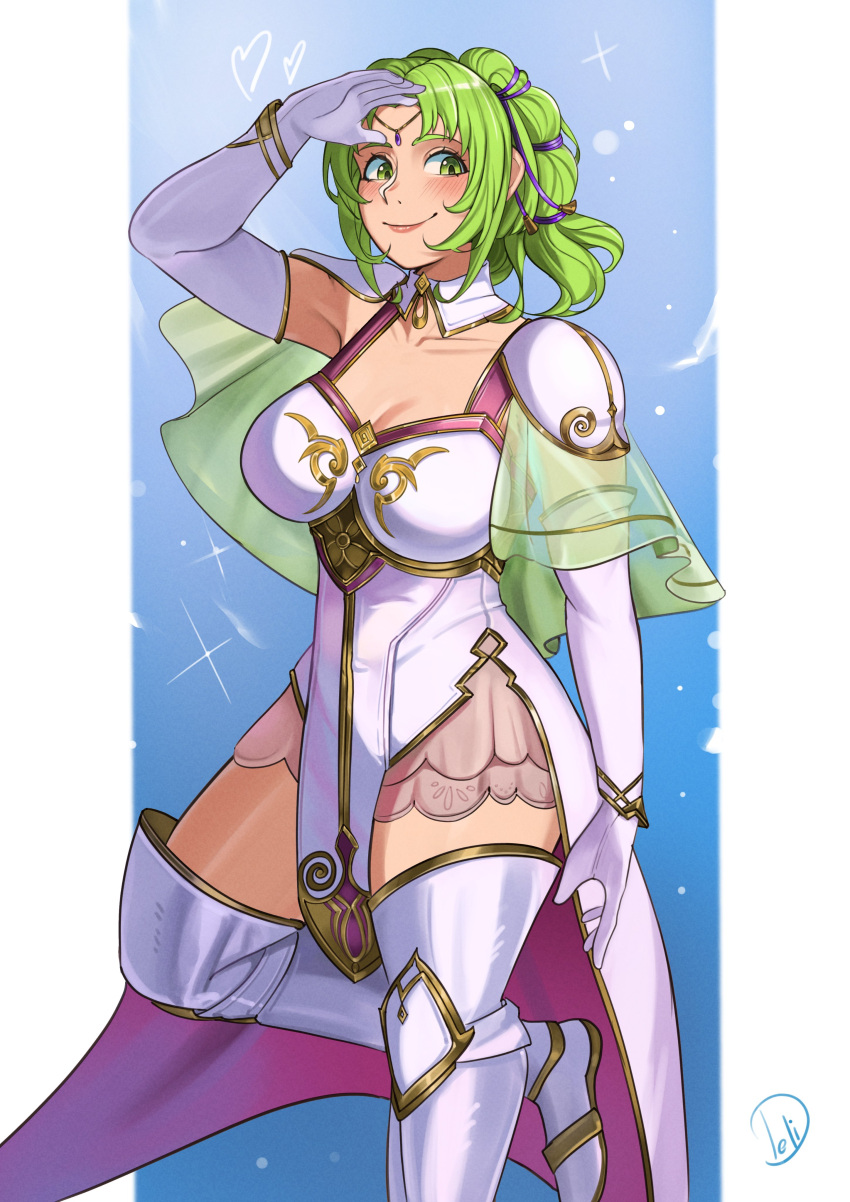 1girl absurdres blue_background boots breasts circlet collarbone commentary commission deliciousbrain detached_sleeves dress eyelashes fire_emblem fire_emblem:_the_sacred_stones gloves gold_trim green_eyes highres knee_boots l'arachel_(fire_emblem) large_breasts medium_hair outside_border pelvic_curtain pillarboxed signature smile solo standing standing_on_one_leg white_dress white_footwear white_gloves