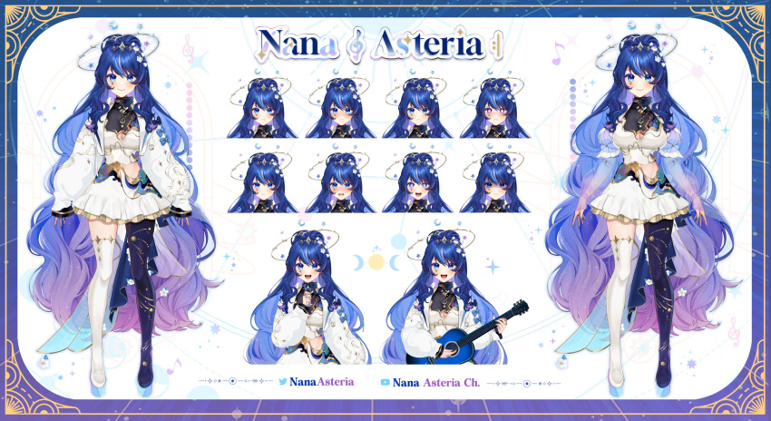 1girl :d :t absurdres blue_eyes blue_hair blush boots breasts character_name commentary crescent dress eighth_note english_commentary expressions frown gradient_hair halo hanihani heart heart-shaped_pupils highres holding instrument jacket long_hair long_sleeves looking_at_viewer medium_breasts microphone multicolored_hair multiple_views music musical_note nana_asteria nose_blush platform_footwear playing_instrument pleated_dress prism_project purple_hair reference_sheet second-party_source shaded_face sleeves_past_wrists smile standing streaked_hair symbol-shaped_pupils tears thigh_boots treble_clef twitter_username v-shaped_eyebrows very_long_hair virtual_youtuber white_jacket youtube_username