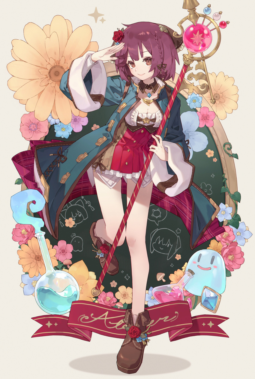 1girl absurdres arm_up atelier_(series) atelier_sophie_2 blue_coat blue_flower breasts brown_eyes brown_footwear carelier11 chinese_commentary cleavage closed_mouth coat commentary_request cornelia_(atelier) detached_collar doodle_inset dress flask flower full_body hair_flower hair_ornament head_scarf highres long_sleeves looking_at_viewer pink_flower plachta puni_(atelier) red_flower red_hair red_rose rose round-bottom_flask shoes short_dress short_hair small_breasts smile solo sophie_neuenmuller sparkle standing standing_on_one_leg wide_sleeves yellow_flower