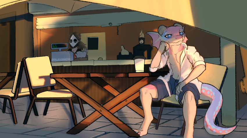 absurd_res anthro aurele_(skelloinn1) chilling coffee_cup container cup hi_res kobold male scalie sitting slavanich solo sunset
