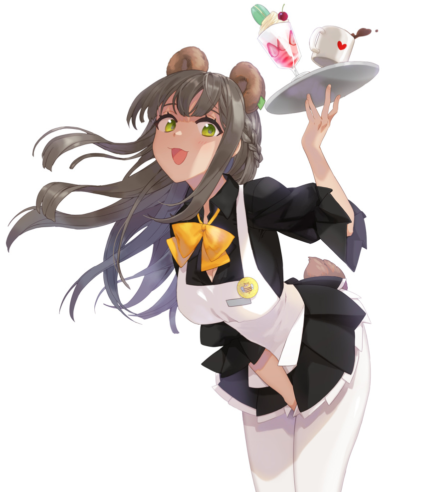 1girl :d animal_ears apron bear_ears bear_tail black_dress blush bow bowtie braid breasts cleavage cup dress food gg_dal green_eyes grey_hair hand_up highres holding holding_tray ice_cream large_breasts leaning_forward long_hair looking_at_viewer maid original pantyhose simple_background smile solo spilling tail tray white_apron white_background white_pantyhose yellow_bow yellow_bowtie