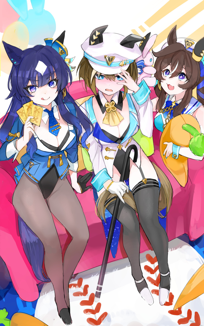 3girls :q absurdres alternate_costume averting_eyes beret between_breasts blue_eyes breasts cane card cheval_grand_(umamusume) cleavage closed_mouth commentary couch ear_piercing earrings embarrassed hair_between_eyes hair_ornament hat hat_tug highres holding holding_cane horse_girl jewelry kik1 long_hair looking_at_viewer medium_breasts mole mole_under_eye multiple_girls necktie nontraditional_playboy_bunny pantyhose piercing purple_eyes siblings simple_background sisters stud_earrings thighhighs tongue tongue_out twintails umamusume v_sisters verxina_(umamusume) vivlos_(umamusume)