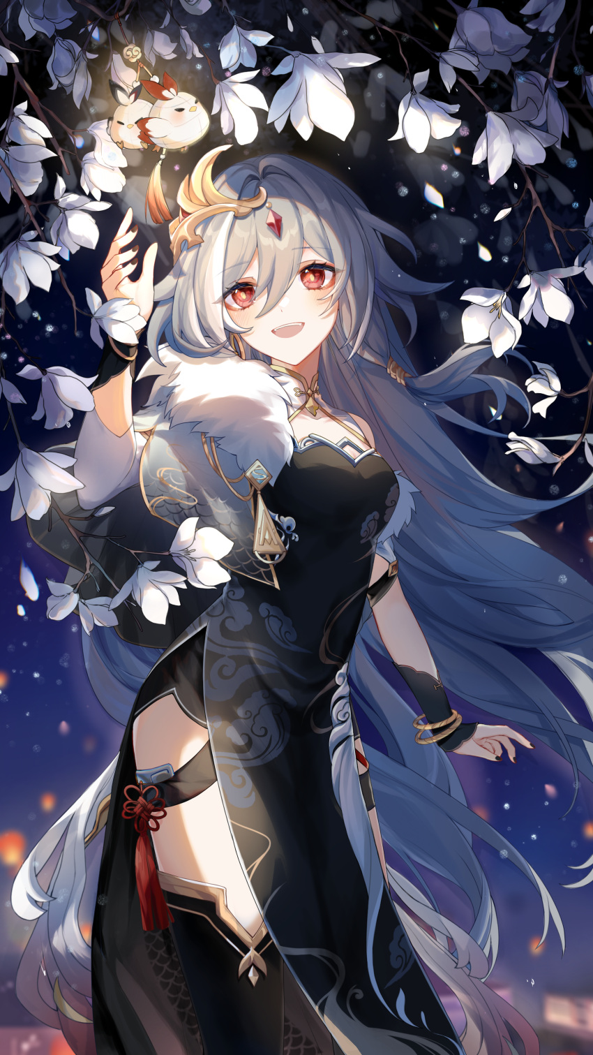1girl absurdres alternate_costume asymmetrical_clothes black_dress black_nails black_thighhighs branch capelet dress eyeliner flower fu_hua fu_hua_(herrscher_of_sentience) fur-trimmed_capelet fur_trim grey_hair hair_between_eyes hair_ornament hand_up highres honkai_(series) honkai_impact_3rd jewelry jingwei_(bird) long_hair looking_at_object makeup mangzhi_yaoyao multicolored_hair night open_mouth red_eyeliner red_eyes side_slit single_sleeve sleeveless sleeveless_dress solo streaked_hair tassel thighhighs thighs tree white_flower white_hair white_sleeves yellow_pupils