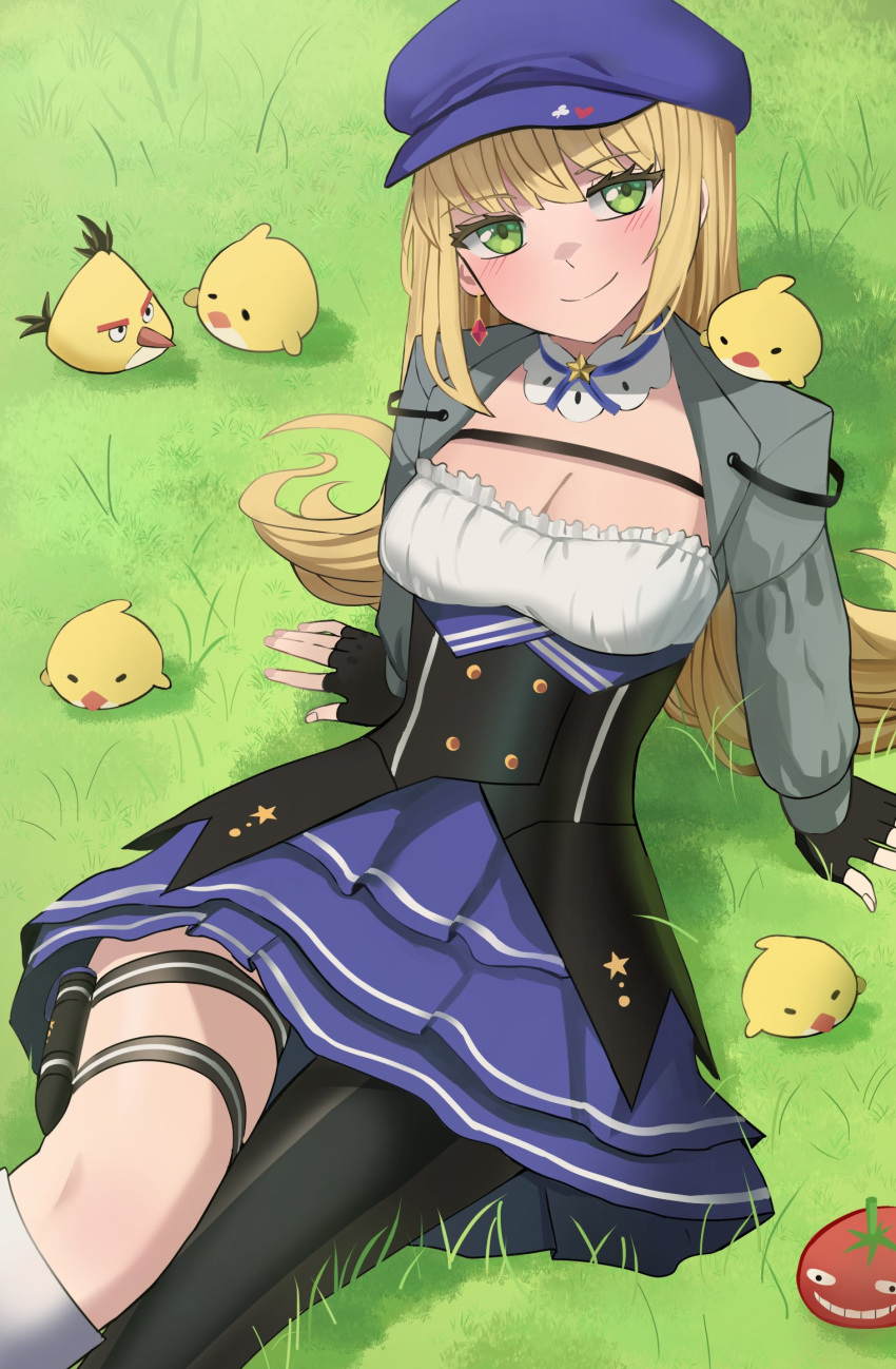 1girl angry_birds asymmetrical_legwear bird blonde_hair blue_headwear blush chick choker chuck_(angry_birds) dokibird_(vtuber) dokibird_(vtuber)_(tomato) dragoon_(dokibird) dress earrings fingerless_gloves gloves grass green_eyes hair_between_eyes hat highres holster indie_virtual_youtuber jacket jewelry jourd4n long_hair long_sleeves looking_at_viewer ribbon single_earring smile thigh_holster tomato very_long_hair virtual_youtuber