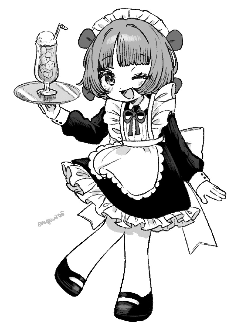 1girl ;d alternate_costume apron arm_at_side artist_name back_bow black_jack_(series) blush bob_cut bow collared_dress cup dress drink drinking_glass drinking_straw enmaided enugani05 food frilled_apron frilled_dress frills full_body greyscale hair_bow hand_up highres holding holding_tray ice_cream ice_cream_float long_sleeves maid maid_apron maid_headdress mary_janes melon_soda monochrome multiple_hair_bows neck_ribbon one_eye_closed open_mouth pinoko ribbon shoes short_hair simple_background sleeve_cuffs smile solo tray twitter_username wing_collar