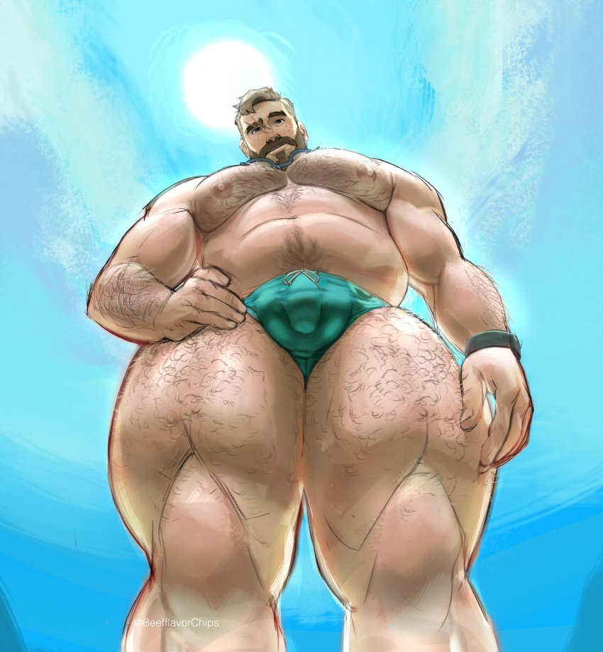 1boy absurdres bara beard beefflavorchips belly brown_hair bulge coral_island facial_hair feet_out_of_frame foreshortening freckles from_below full_beard green_male_swimwear hairy head_tilt highres large_pectorals looking_at_viewer male_focus male_swimwear mark_(coral_island) mature_male muscular muscular_male navel navel_hair nipples pectorals plump short_hair solo sparse_leg_hair standing stomach strongman_waist sunlight swim_briefs thick_beard thick_chest_hair thick_eyebrows thick_mustache thick_thighs thighs thighs_together topless_male