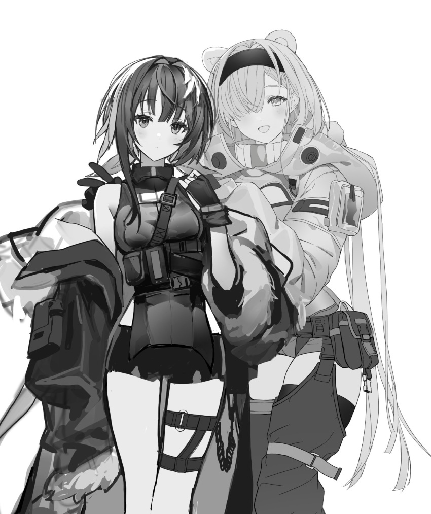 2girls :d animal_ears arknights aurora_(arknights) bare_shoulders bear_ears bear_girl bow breasts cleavage_cutout closed_mouth clothing_cutout collared_jacket detached_pants greyscale hair_between_eyes hair_bow hair_intakes hairband head_tilt highres hood hood_down hooded_jacket jacket la_pluma_(arknights) legs_apart looking_at_viewer medium_breasts monochrome multiple_girls off_shoulder open_clothes open_jacket open_mouth pelvic_curtain shirt short_hair shorts sidelocks sleeveless sleeveless_shirt sleeves_past_fingers sleeves_past_wrists smile thick_thighs thigh_gap thighs zerg_(z79438659)