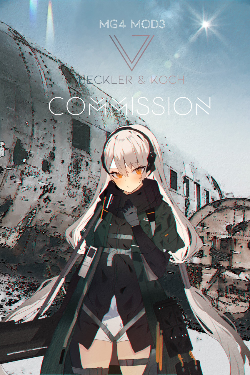 1girl absurdres black_hairband black_shirt blush character_name coat commission cowboy_shot english_commentary english_text girls'_frontline green_coat grey_hair hairband highres long_hair looking_at_viewer mg4_(girls'_frontline) mg4_(mod3)_(girls'_frontline) open_clothes open_coat orange_eyes parted_lips photo_background shirt solo soukou_makura straight-on twintails very_long_hair