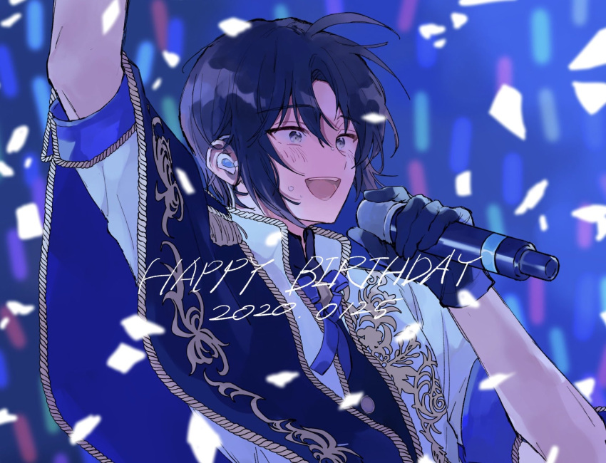 1boy :d arm_up black_gloves black_hair black_shirt blue_capelet blue_ribbon blush capelet confetti dated earpiece gloves glowstick grey_eyes hand_up happy happy_birthday highres holding holding_microphone idol idol_clothes idolish7 izumi_iori jacket kisharin looking_ahead male_focus microphone neck_ribbon parted_bangs ribbon shirt short_hair side_cape smile solo sweat upper_body waving white_jacket