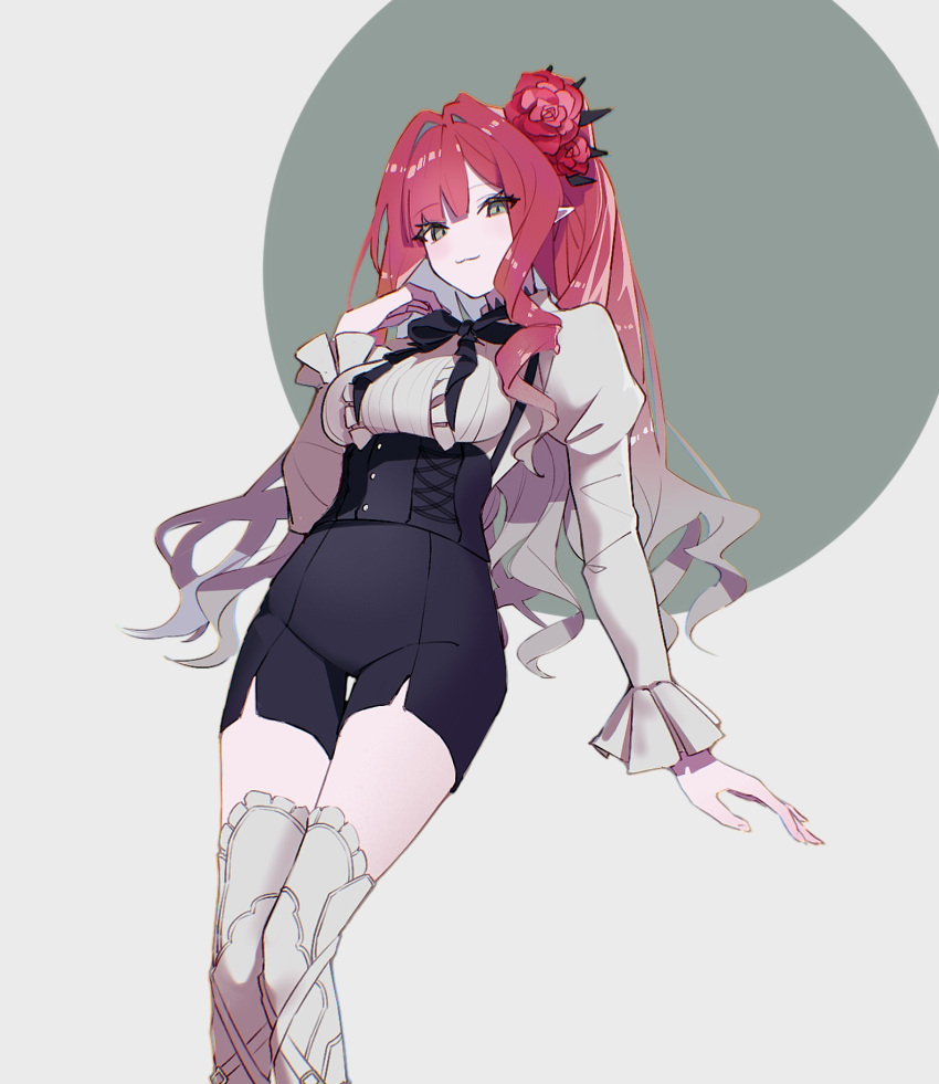 1girl :3 baobhan_sith_(fate) black_bow black_shorts boots bow breasts dress_shirt e-razor fate/grand_order fate_(series) feet_out_of_frame flower frilled_sleeves frills grey_background grey_eyes hair_flower hair_ornament hand_up highres light_blush long_hair long_sleeves looking_at_viewer pink_hair pointy_ears ponytail red_flower shirt shorts sidelocks smile solo thigh_boots thighs two-tone_background underbust white_background white_footwear white_shirt