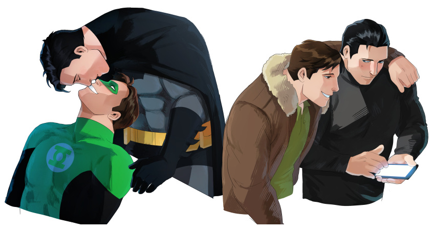 2boys absurdres bara batman batman_(series) black_bodysuit black_cape black_hair blush bodysuit brown_hair brown_jacket bruce_wayne cape closed_eyes closed_mouth couple dc_comics domino_mask fur-trimmed_jacket fur_trim green_bodysuit green_lantern green_lantern_(series) grey_bodysuit hal_jordan haljordanmylove highres holding holding_phone jacket large_pectorals leather leather_jacket looking_at_another male_focus mask multiple_boys muscular muscular_male open_clothes open_jacket pectorals phone short_hair smile superhero teeth two-tone_bodysuit yaoi