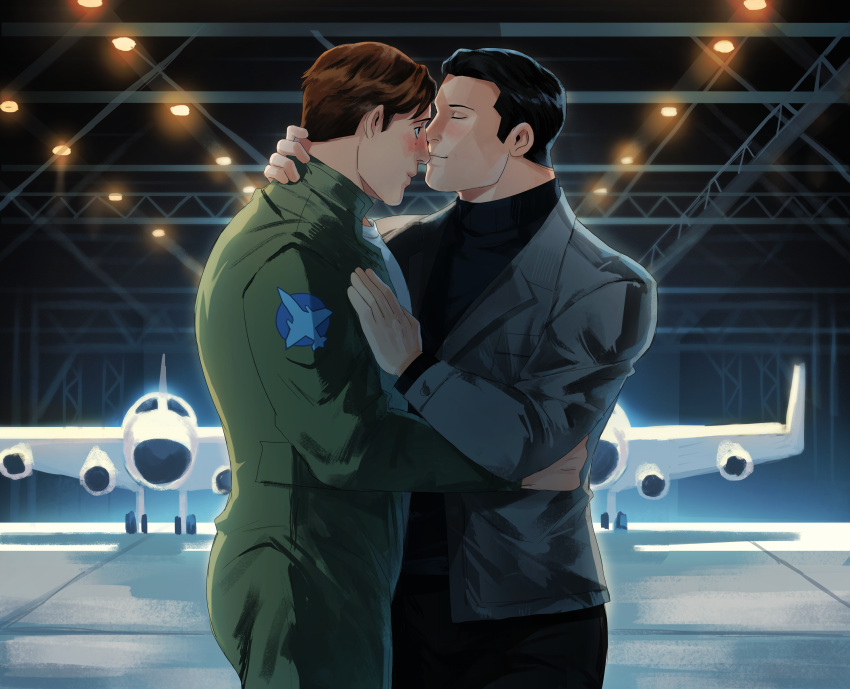 2boys bara batman_(series) black_hair black_pants black_shirt blush brown_hair bruce_wayne closed_mouth couple dc_comics green_jumpsuit green_lantern_(series) grey_jacket hal_jordan haljordanmylove highres jacket jumpsuit large_pectorals looking_at_another male_focus multiple_boys muscular muscular_male open_clothes open_jacket open_jumpsuit pants pectorals shirt short_hair white_shirt yaoi